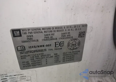 2015 GMC Sierra 1500 from USA, damaged, VIN 3GTU2TEC9FG359576